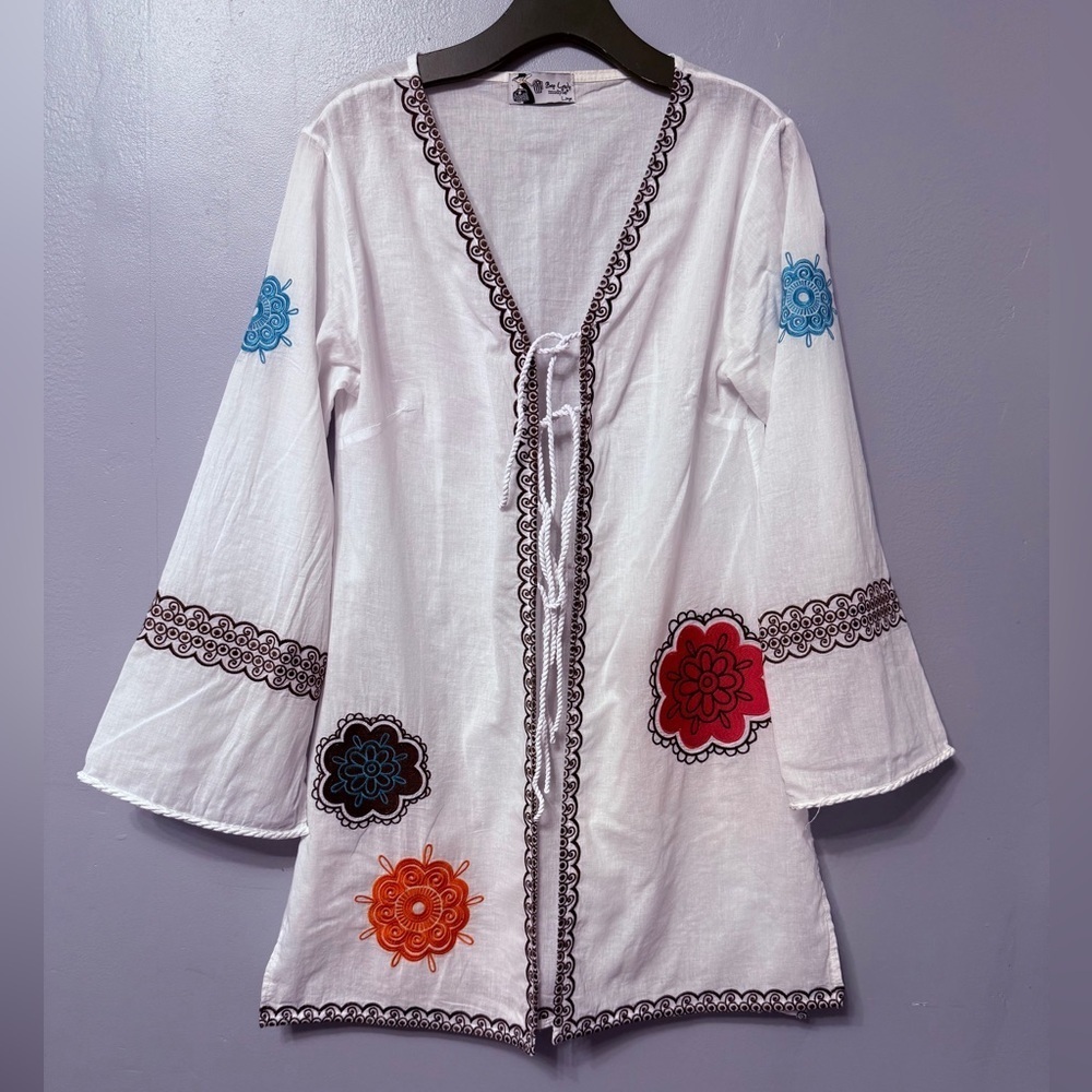 #1) Nap Lady Mud Pie White Kimono with Colorful Embroidery